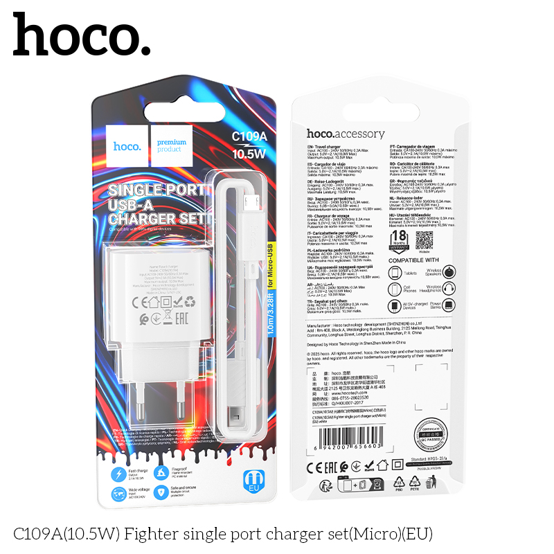 Bộ sạc Usb-Micro Hoco C109/C109A 10.5w QC3.0