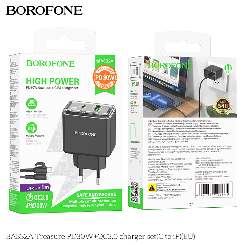 Bộ sạc TypeC-Lighting Borofone BAS32A PD30w