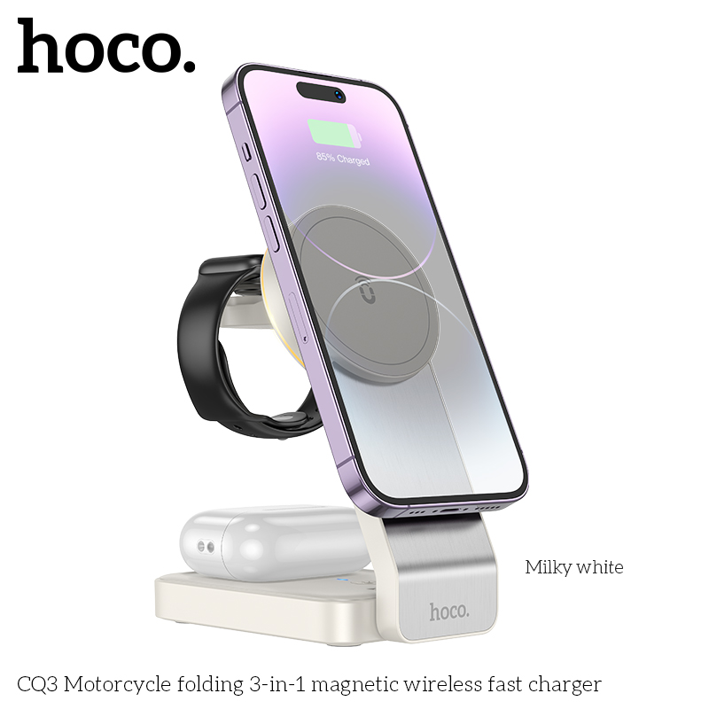 Đế sạc không dây từ tính 3in1 Hoco CQ3 sạc đồng hồ, điện thoại, Tai nghe - Đen trắng