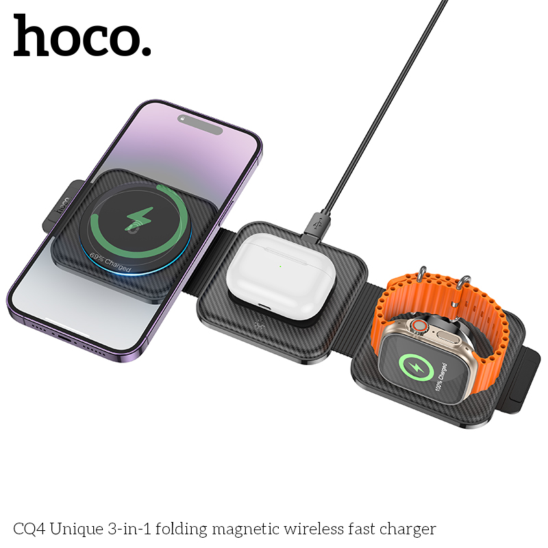 Đế sạc không dây gáp gọn 3in1 Hoco CQ4 sạc đồng hồ, điện thoại, Tai nghe - Đen