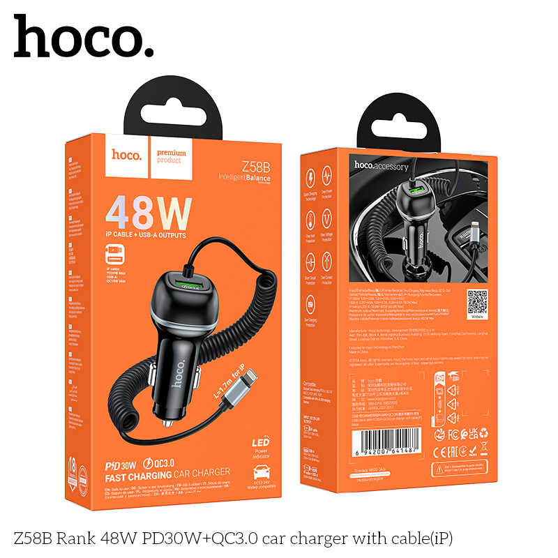 Tẩu Sạc ô tô Hoco Z58B PD30w+QC3.0-Cáp sạc