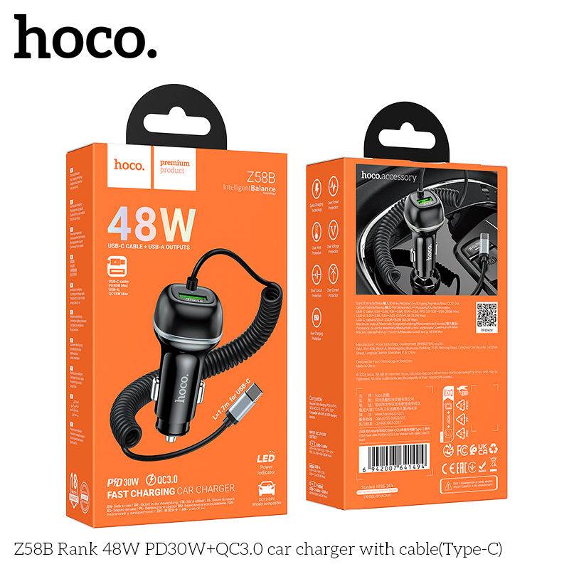 Tẩu Sạc ô tô Hoco Z58B PD30w+QC3.0-Cáp sạc
