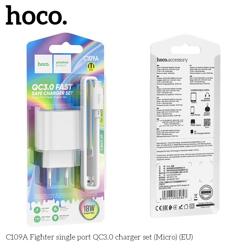 Bộ sạc Usb-Micro nhanh 18W QC3.0 Hoco C109A