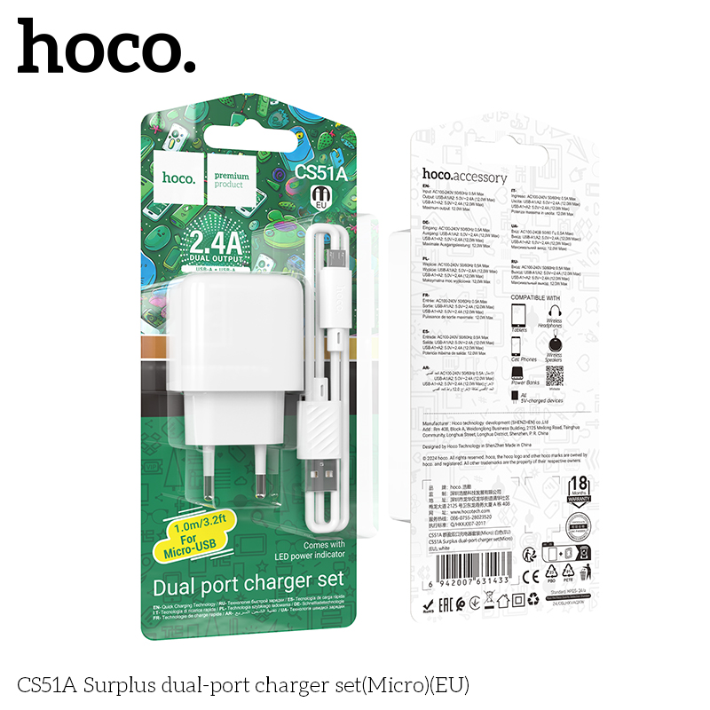 Bộ sạc Usb-Micro Hoco Cs51A 2 cổng