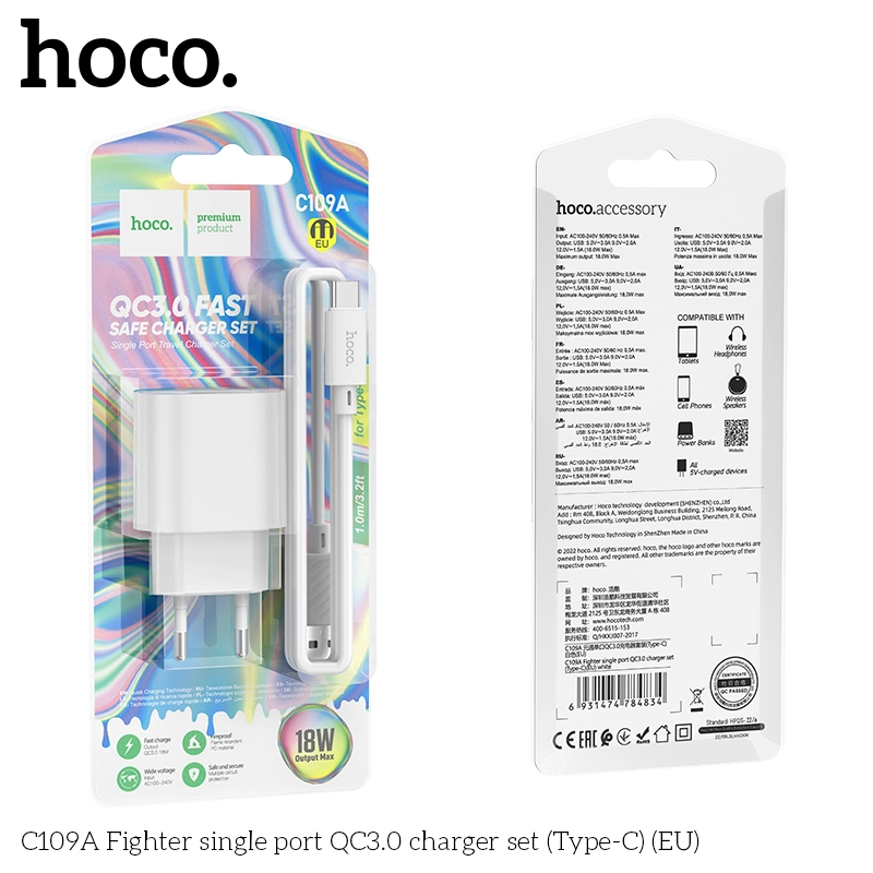 Cốc sạc USB 18w QC3.0 Hoco C109A ra 3.0