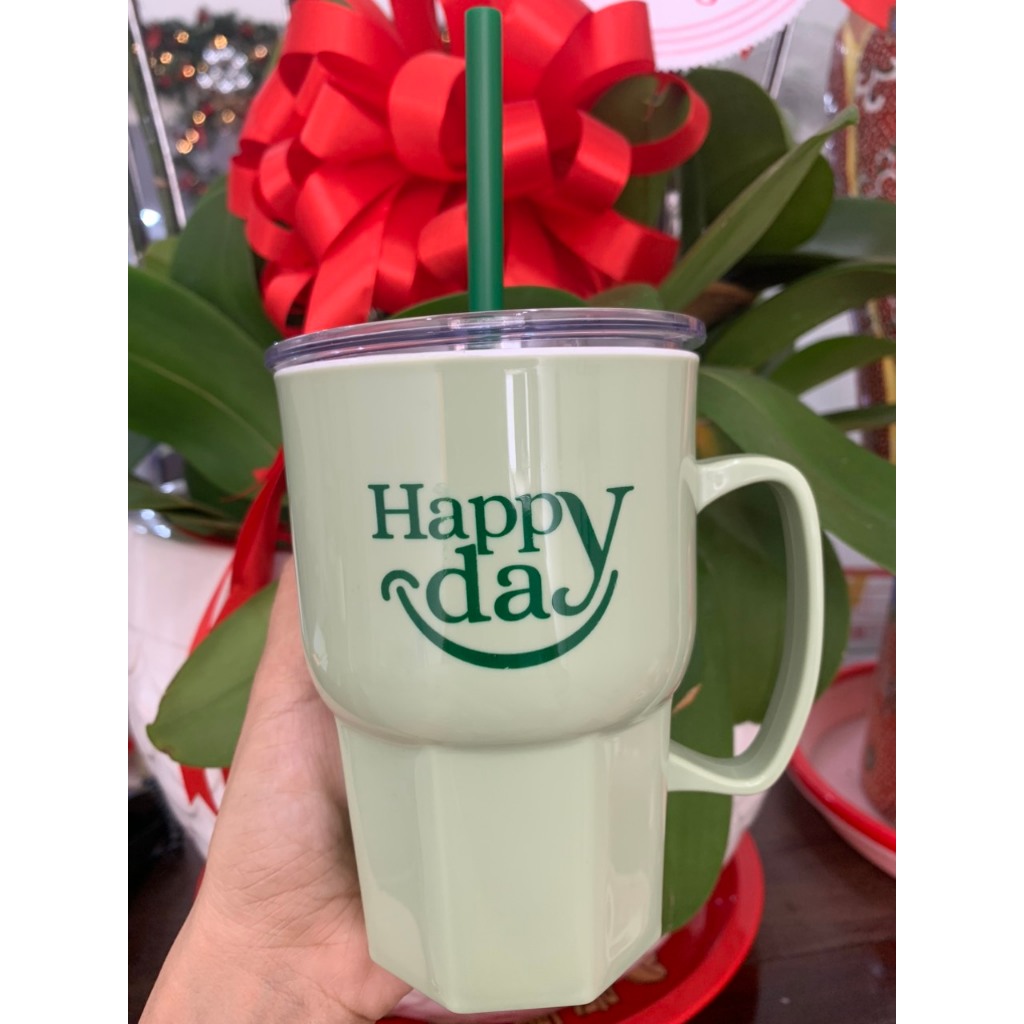 Ly nước nhựa tặng kèm ống hút đủ màu cao cấp 550ml (có quai cầm)
