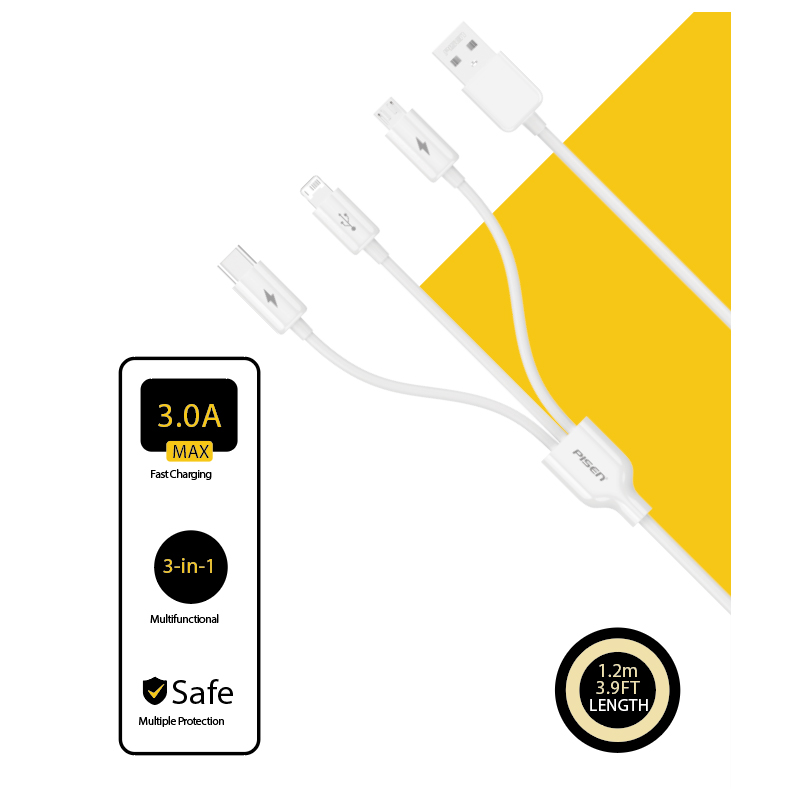 Cáp sạc 3 đầu Pisen AP07 Mr White 1,2m