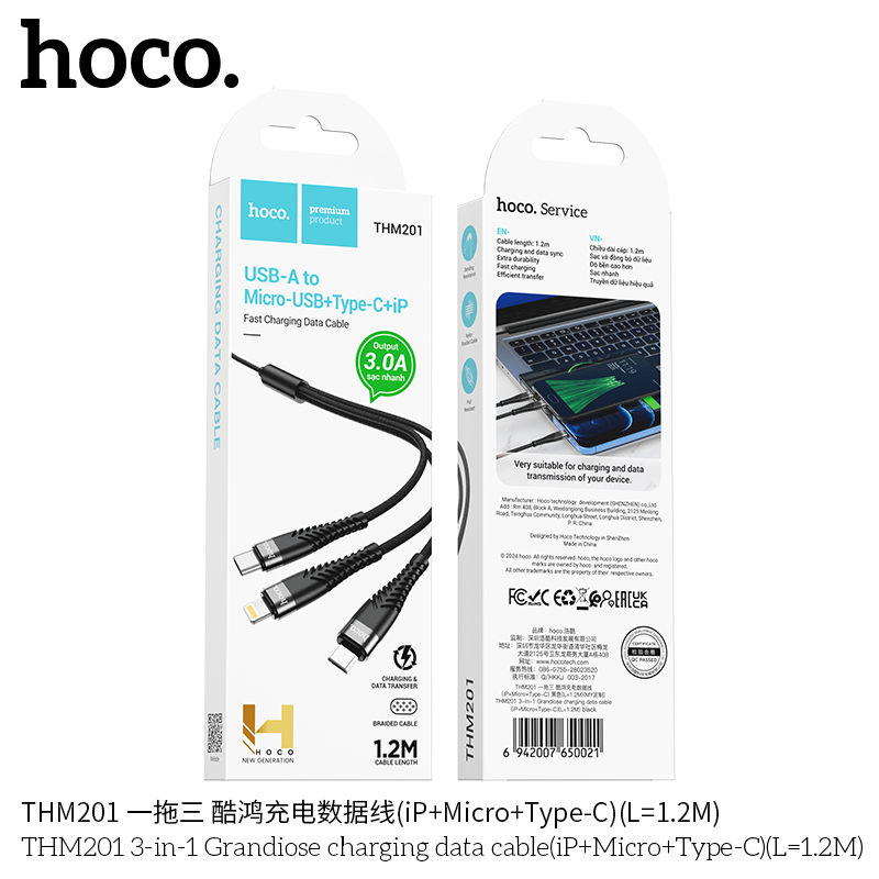 Cáp sạc 3 đầu Hoco THM201 Usb ra TypeC,Lighting,Micro