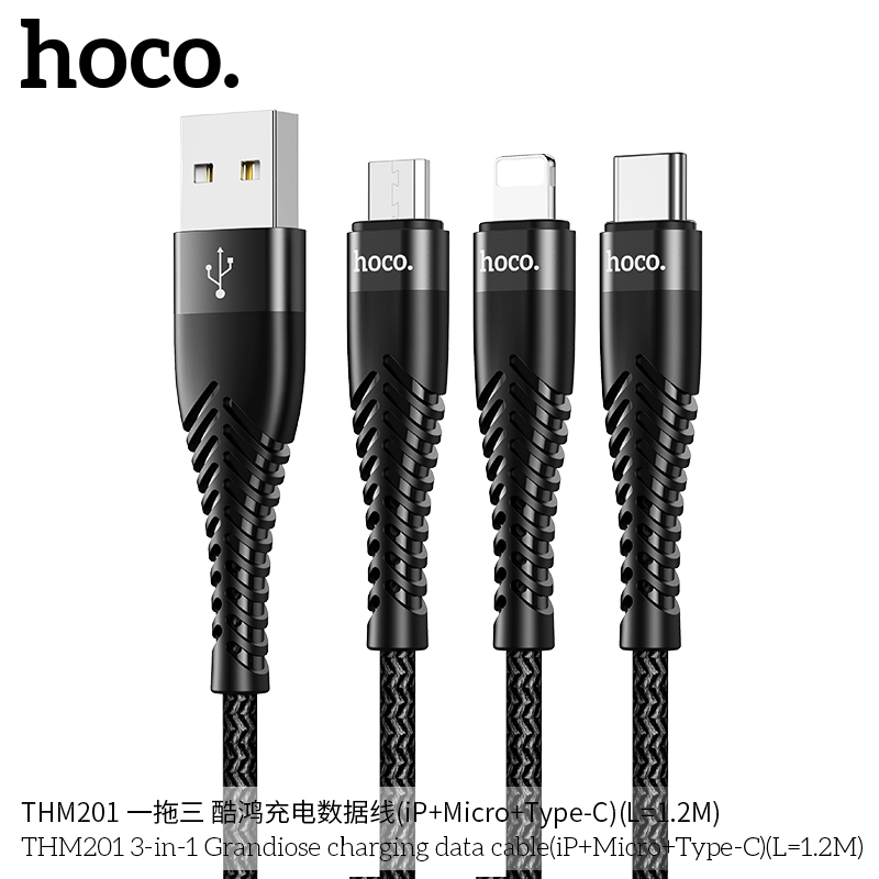 Cáp sạc 3 đầu Hoco THM201 Usb ra TypeC,Lighting,Micro