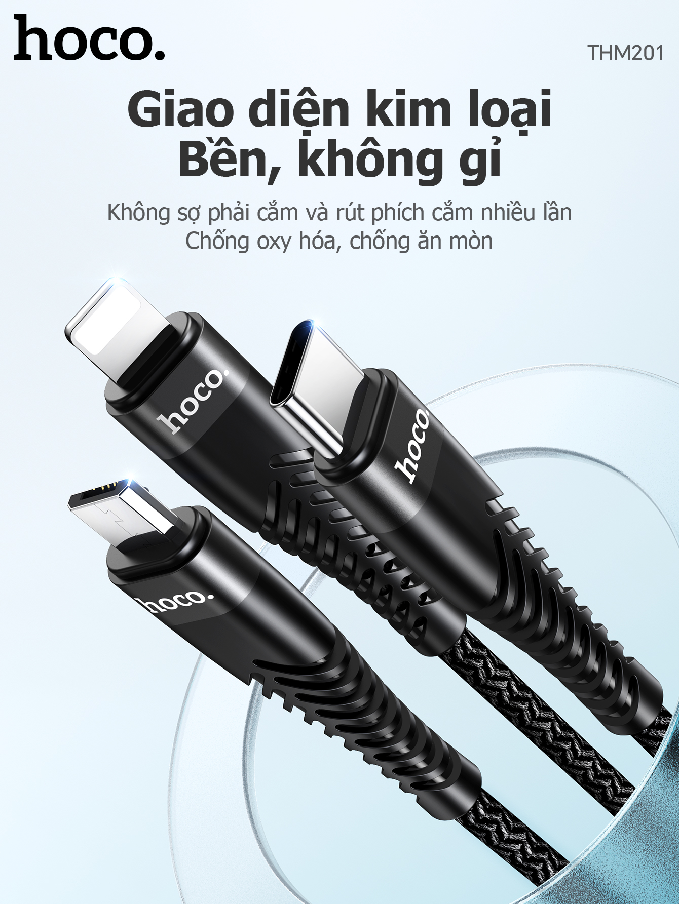 Cáp sạc 3 đầu Hoco THM201 Usb ra TypeC,Lighting,Micro