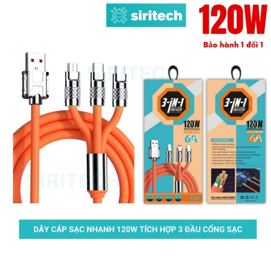 Cáp sạc 3 đầu 120w silicon màu