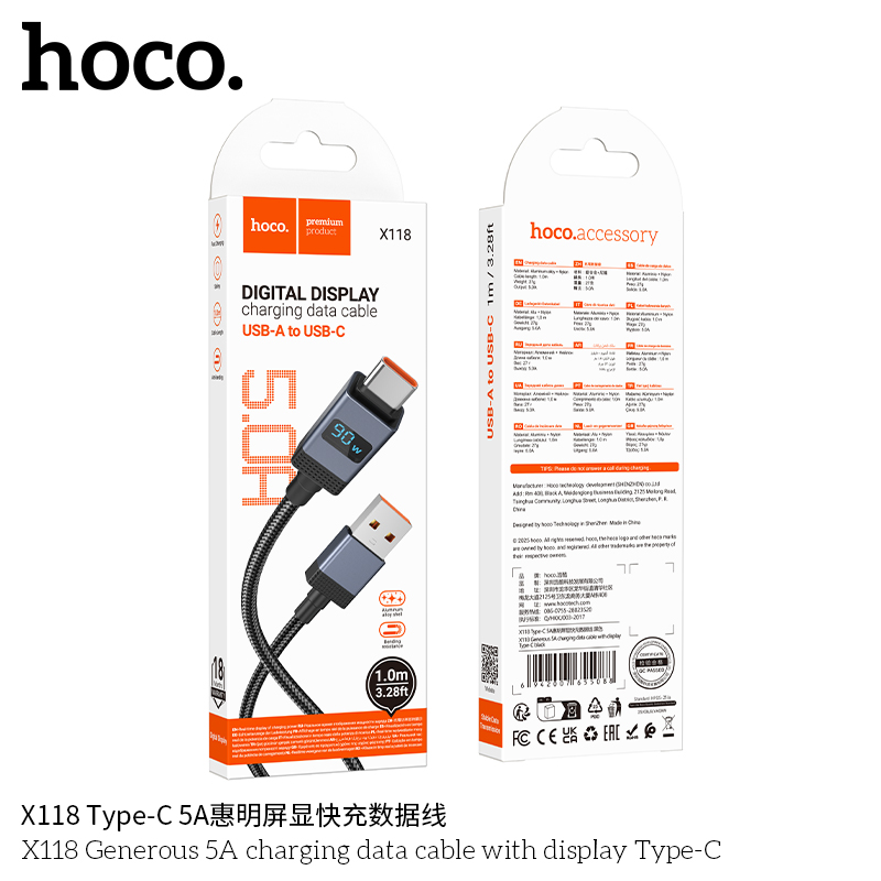 Cáp sạc Usb-TypeC nhanh 5A Có màn hình Hoco X118