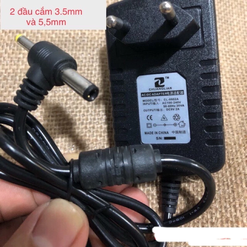Sạc nguồn adapter chui lớn 2 đầu 5.5*2.5mm + 3.5*1.35mm 9v 2A