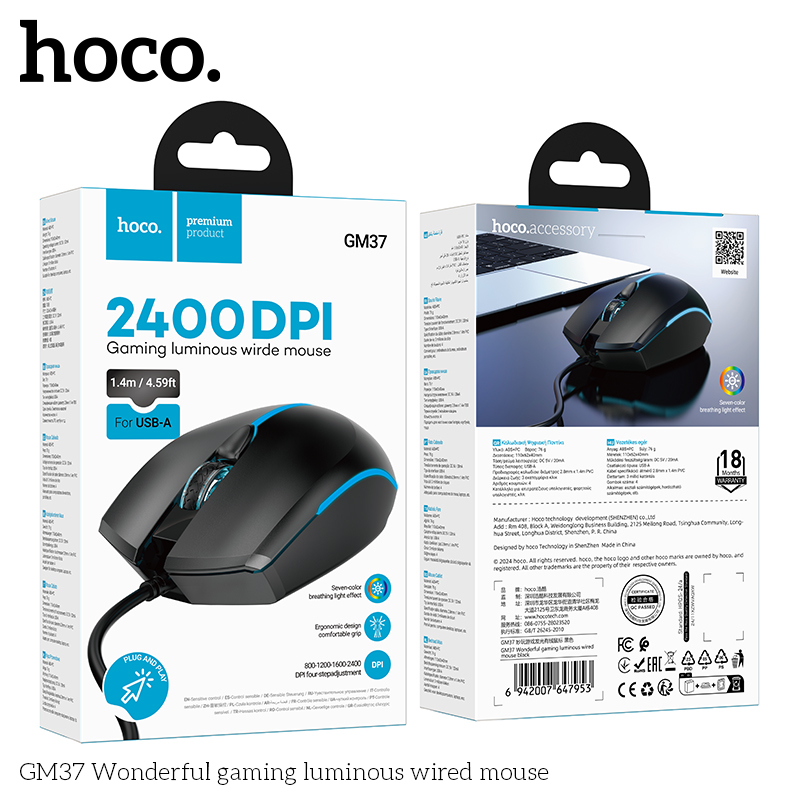 Chuột có dây Hoco GM37 có led nhiều màu