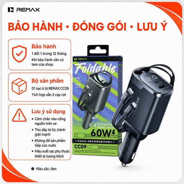 Tẩu sạc xe 2 Đầu ô tô 60W Remax CC09 Led + cáp Type-c+Lightning.