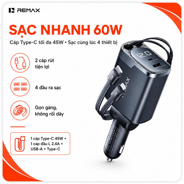 Tẩu sạc xe 2 Đầu ô tô 60W Remax CC09 Led + cáp Type-c+Lightning.