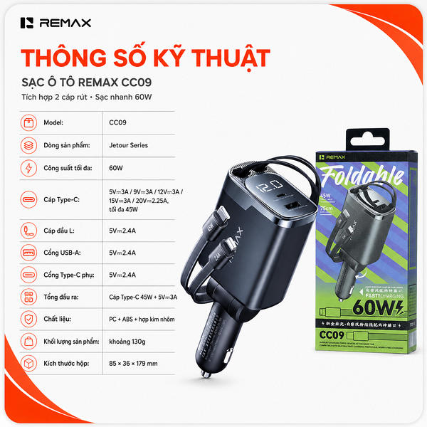 Tẩu sạc xe 2 Đầu ô tô 60W Remax CC09 Led + cáp Type-c+Lightning.