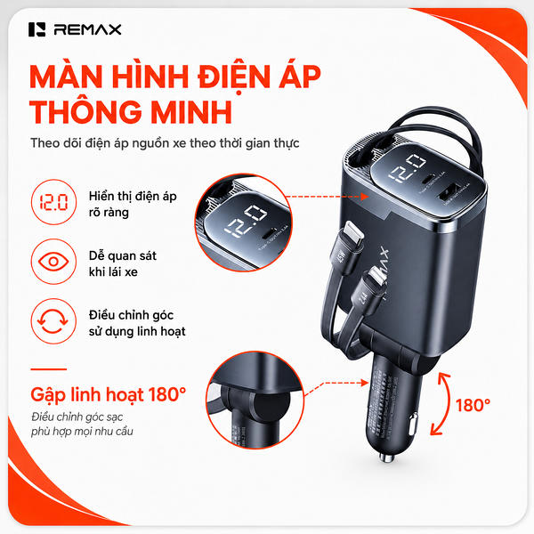 Tẩu sạc xe 2 Đầu ô tô 60W Remax CC09 Led + cáp Type-c+Lightning.