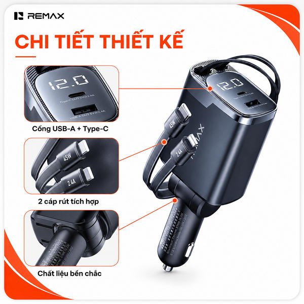Tẩu sạc xe 2 Đầu ô tô 60W Remax CC09 Led + cáp Type-c+Lightning.
