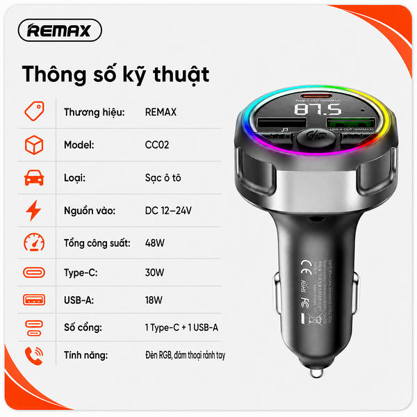 Tẩu sạc xe ô tô Bluetooth 48W Remax CC02.
