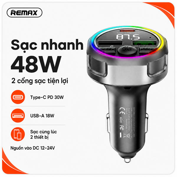 Tẩu sạc xe ô tô Bluetooth 48W Remax CC02.