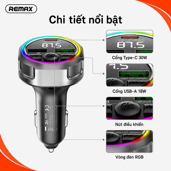 Tẩu sạc xe ô tô Bluetooth 48W Remax CC02.
