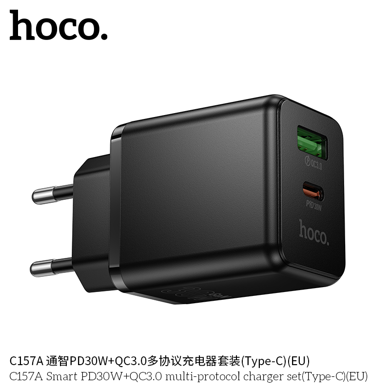 Cốc sạc 2 cổng 1C1U Hoco C157A đa giao thức Smart PD30W+QC3.0