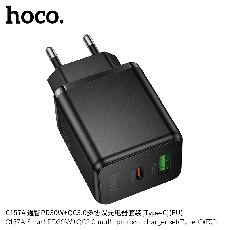 Cốc sạc 2 cổng 1C1U Hoco C157A đa giao thức Smart PD30W+QC3.0