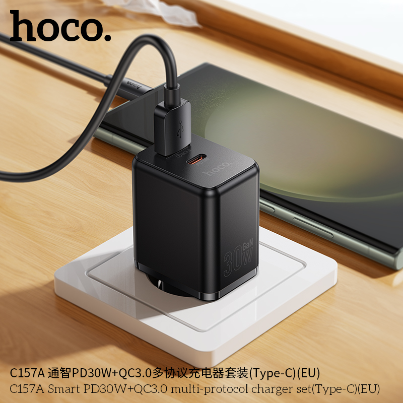 Cốc sạc 2 cổng 1C1U Hoco C157A đa giao thức Smart PD30W+QC3.0