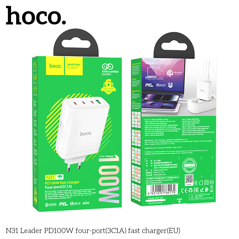 Cốc sạc 4 cổng Hoco N31 PD100w (3C1A)
