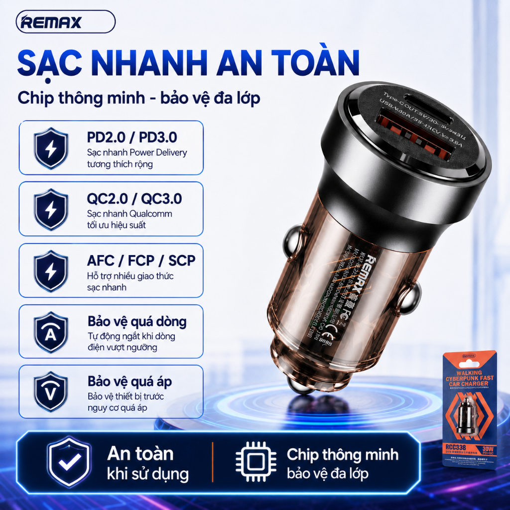 Tẩu Sạc nhanh 30W xe hơi Remax RCC338