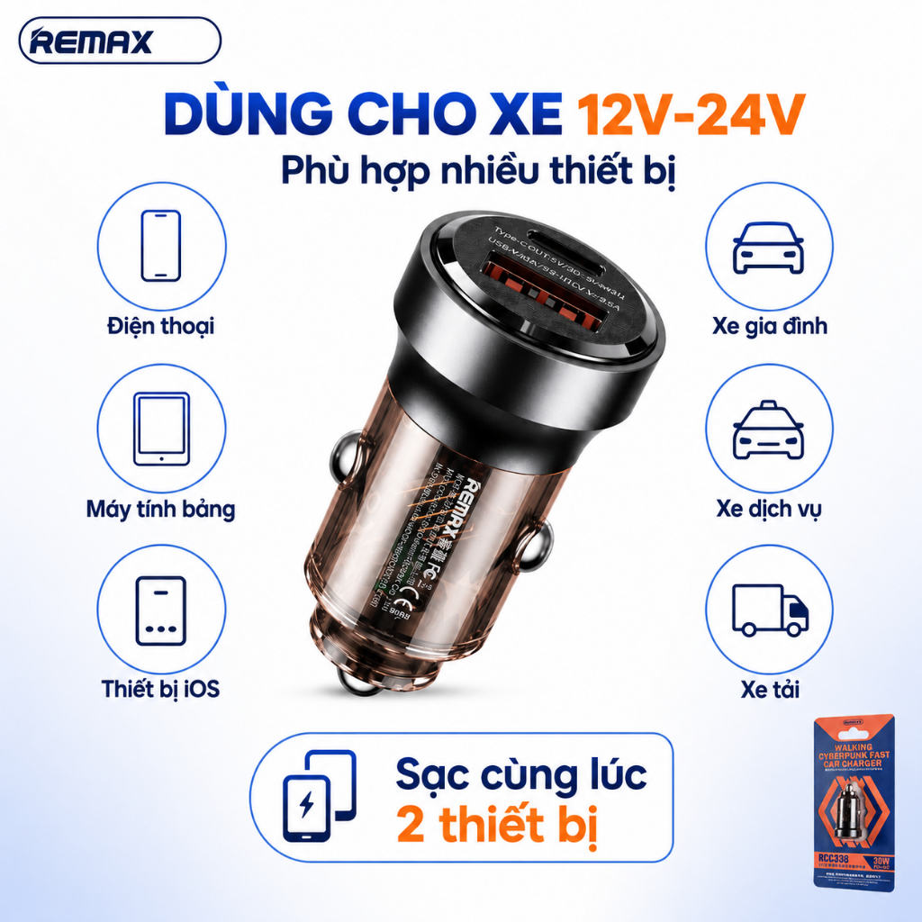 Tẩu Sạc nhanh 30W xe hơi Remax RCC338
