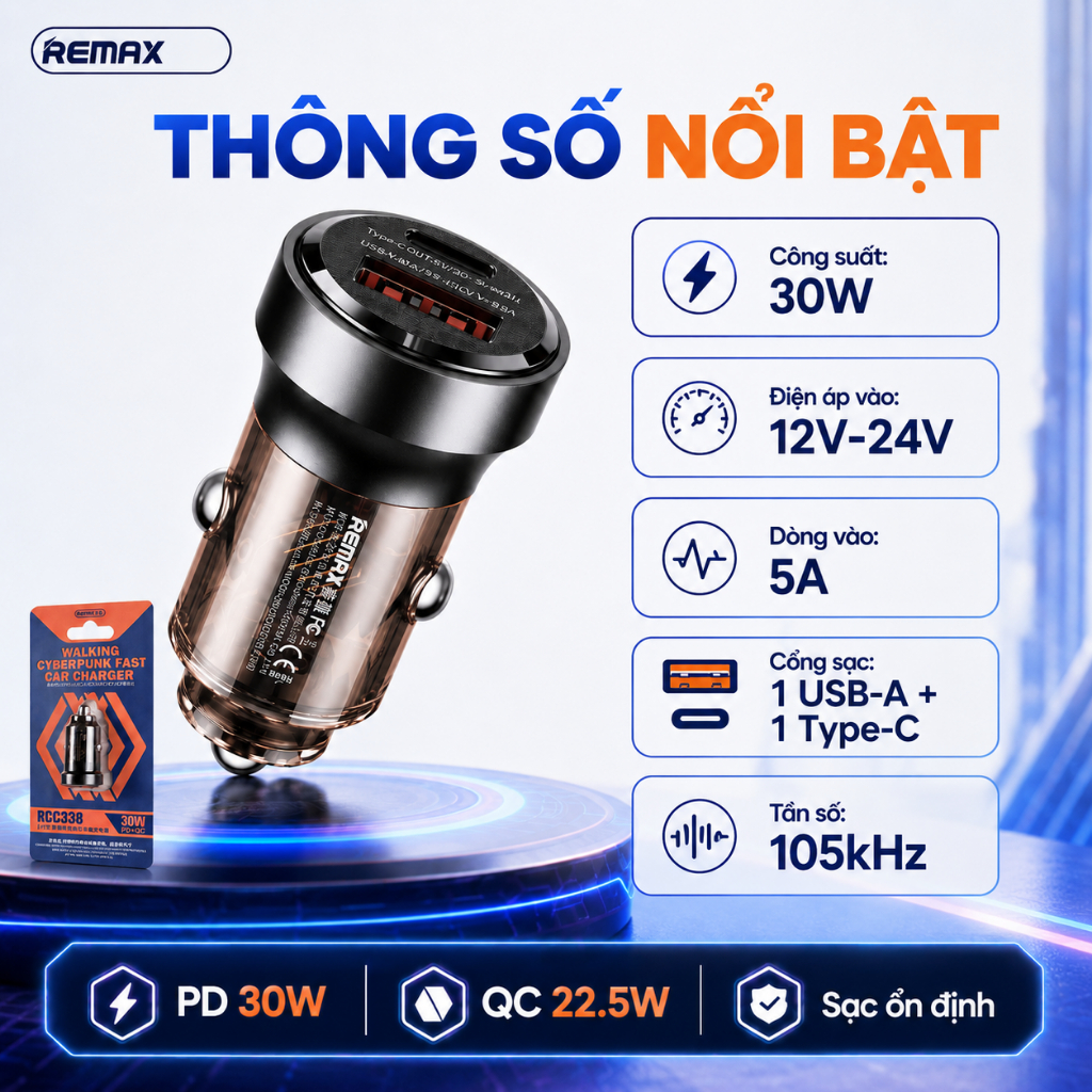Tẩu Sạc nhanh 30W xe hơi Remax RCC338