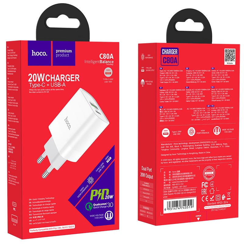 Cốc sạc 2 cổng Hoco C80A 20w ra 2 cổng USB+TypeC