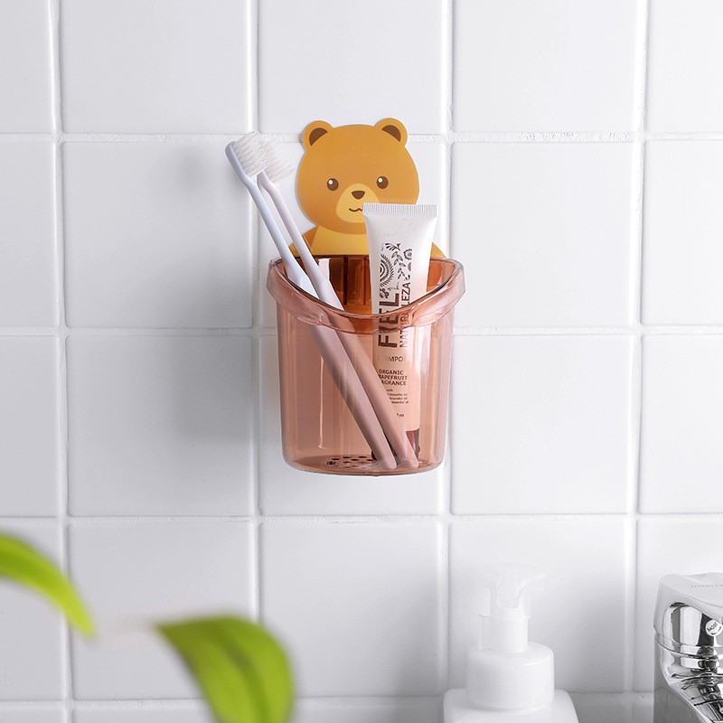 Cốc Gấu (2 cái) Đựng Bàn Chải, Kem Đánh Răng Dán Tường