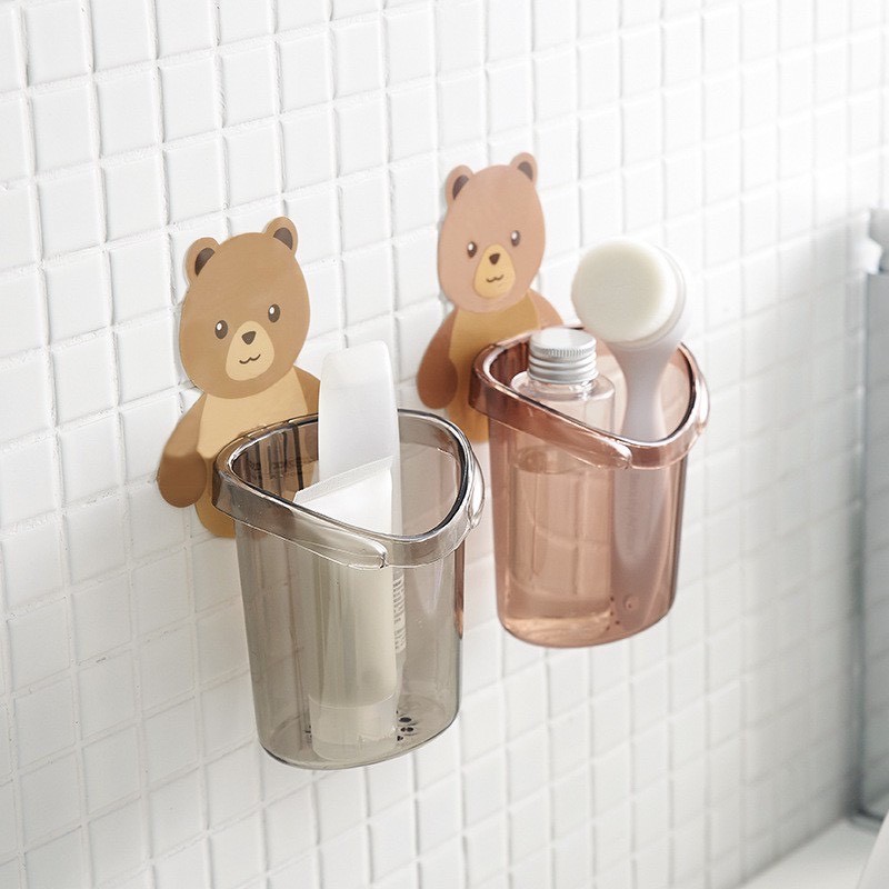 Cốc Gấu (2 cái) Đựng Bàn Chải, Kem Đánh Răng Dán Tường