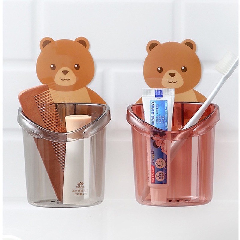 Cốc Gấu (2 cái) Đựng Bàn Chải, Kem Đánh Răng Dán Tường