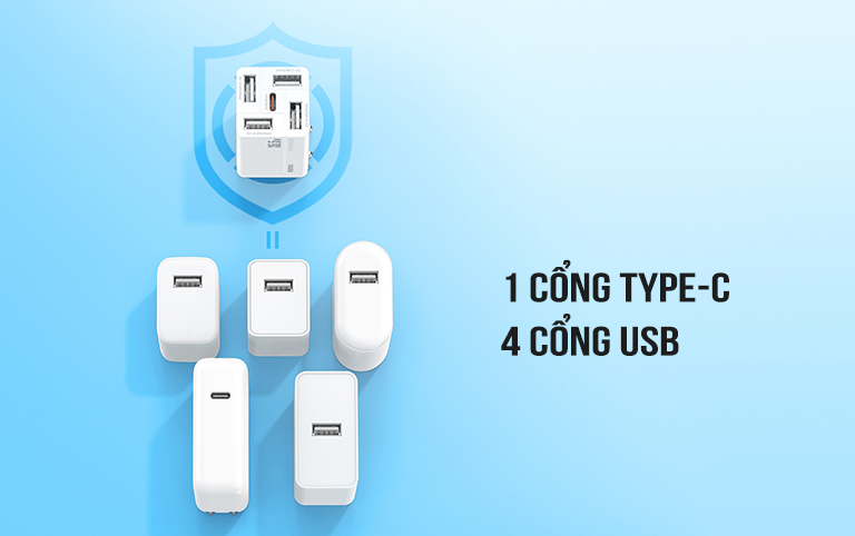 Cốc sạc 5 cổng 35W Remax RP-U66 (4 USB + 1 TypeC)