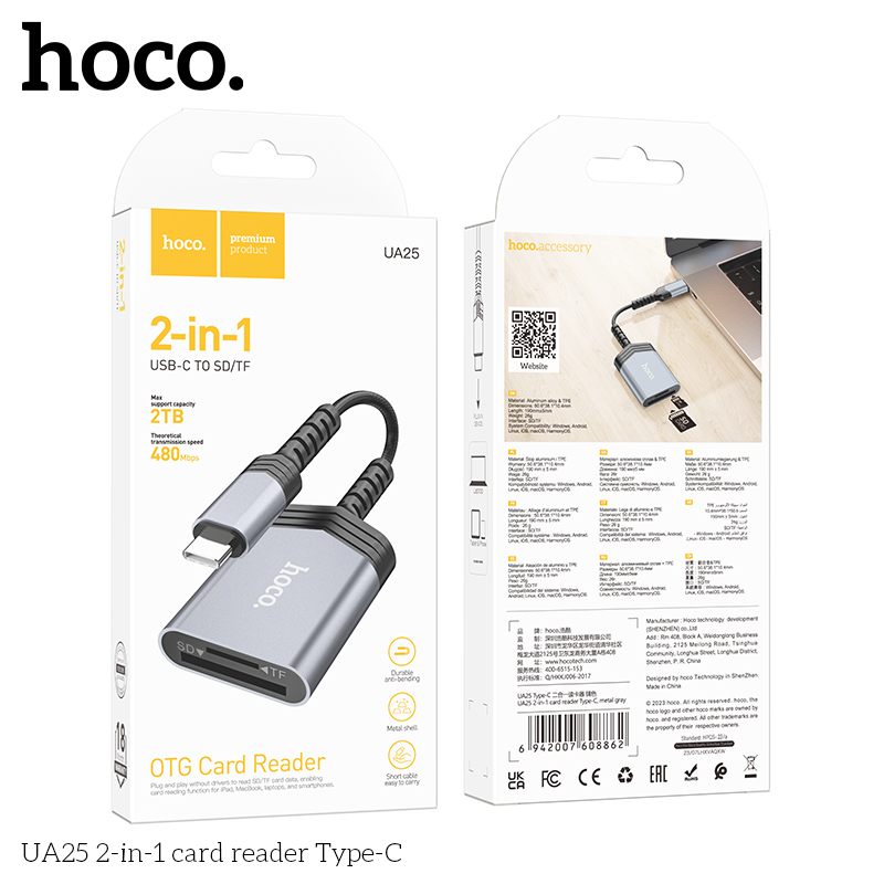 Đầu đọc thẻ nhớ otg  2in1 Hoco UA25 TypeC
