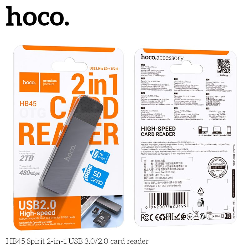 Đầu đọc thẻ nhớ Hoco HB45 1 đầu Usb 2.0