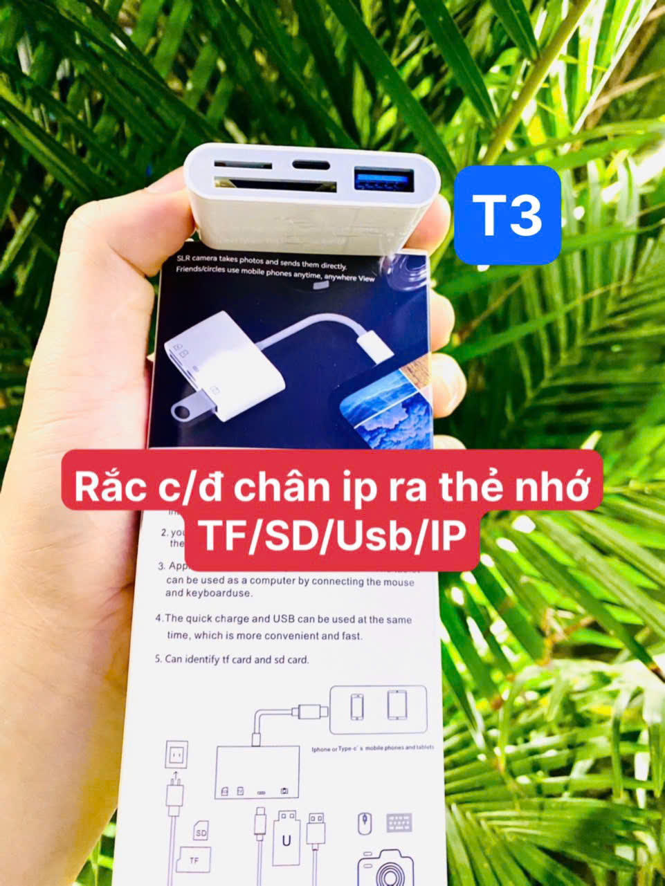 Cáp chuyển T3 Lighting ra (otg đọc thẻ TF,SD + USB + cắm Lighting)