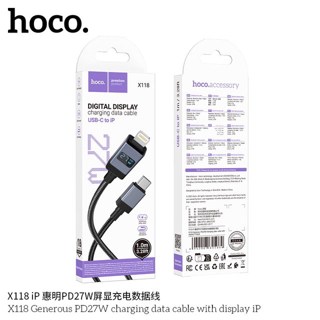 Cáp sạc TypeC-Lighting nhanh 5A Có màn hình Hoco X118
