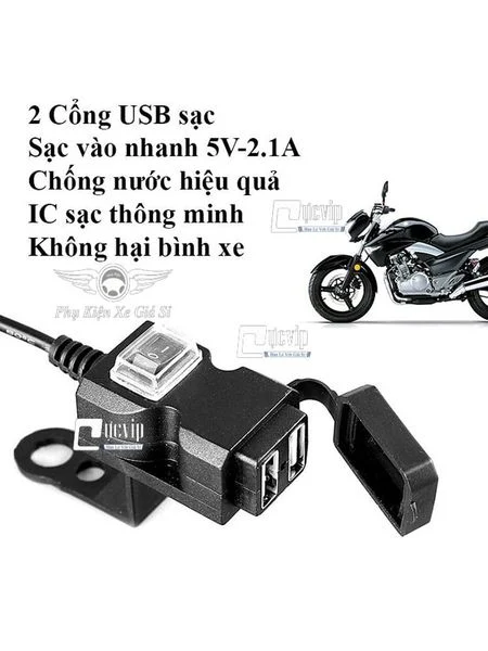 Sạc điện thoại gắn xe máy 2 cổng usb 3238 có đèn led