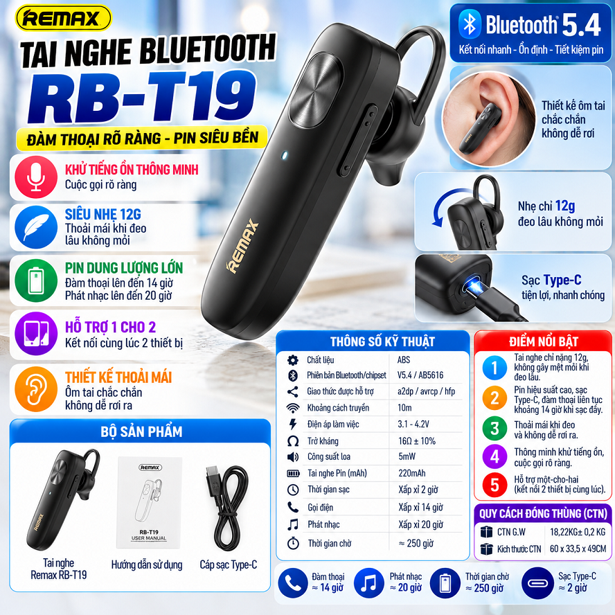 Tai nghe 1 tai bluetooth Remax RB-T19.