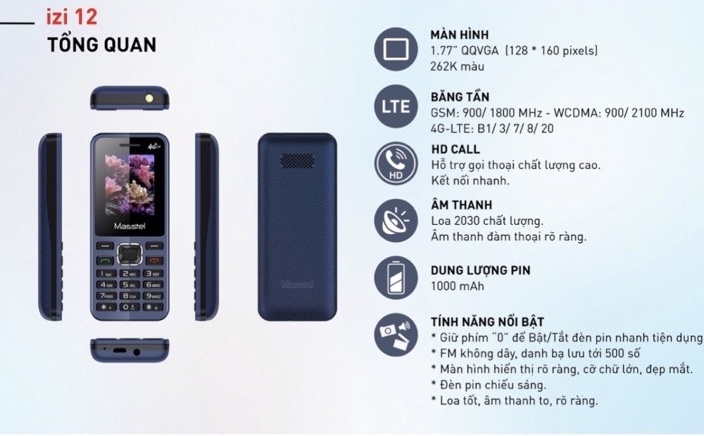 Điện thoại MASSTEL izi 12 4G - Sóng 4G chuẩn