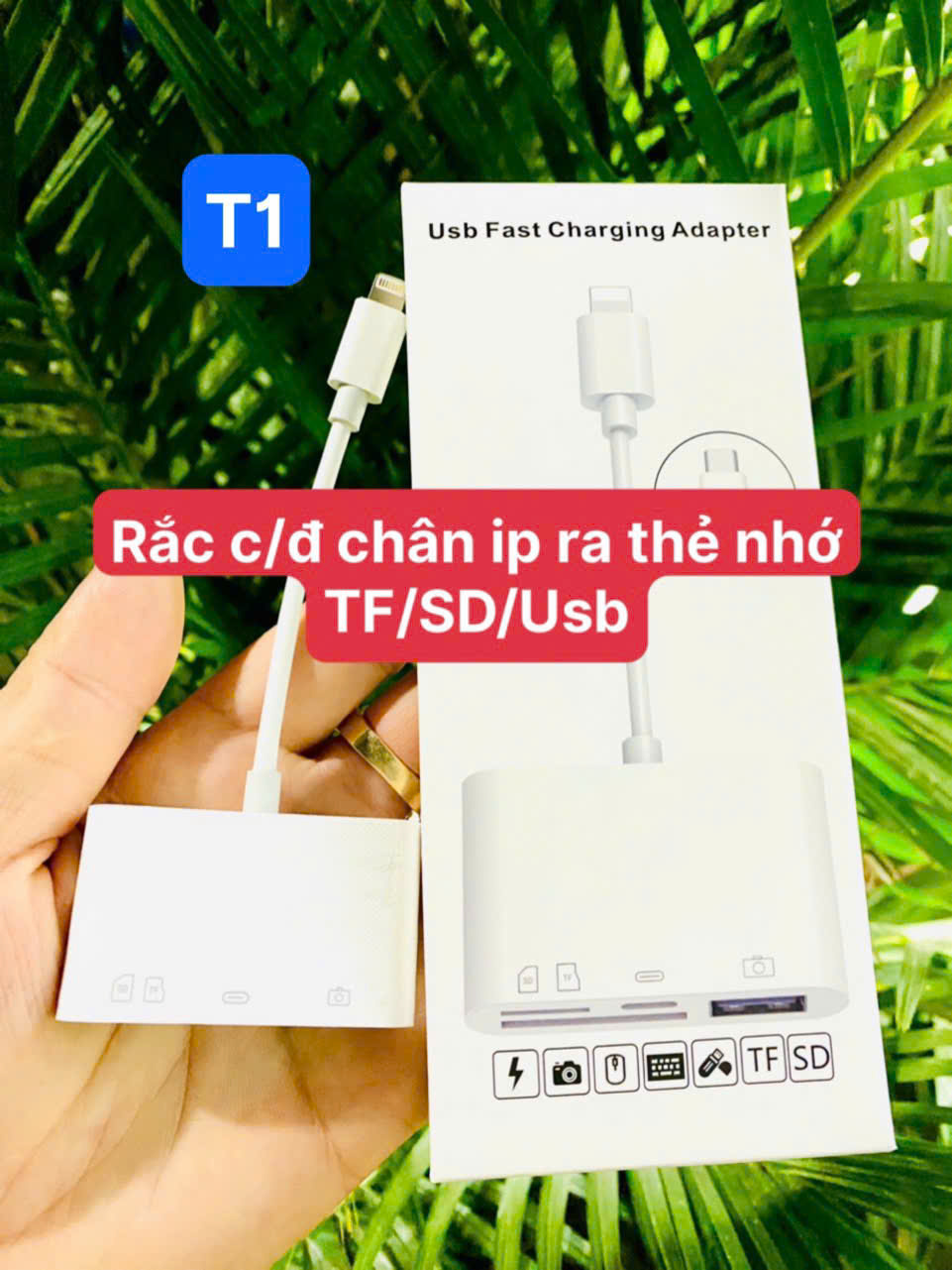 Cáp Chuyển đọc thẻ OTG T1 Lighting ra 3: thẻ nhớ TF, sD, cắm USB