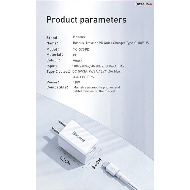 Bộ sạc TypeC-Lighting Baseus Traveler PD 18W TZCCXZ