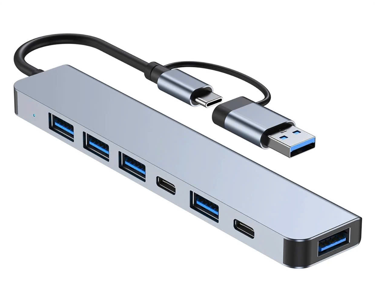 Hub nối 7in1:Typec/USB ra 1cổng USB3.0, 1cổng TYPE-C truyền dữ liệu, 1 cổng TYPE-C cấp nguồn cho HUB, 4 cổng USB 2.0