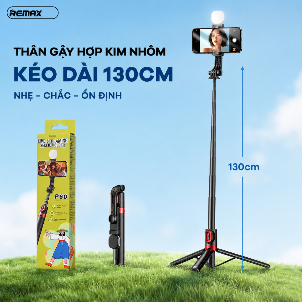 Gậy chụp hình Remax P60 Có Đèn. Dài 130cm