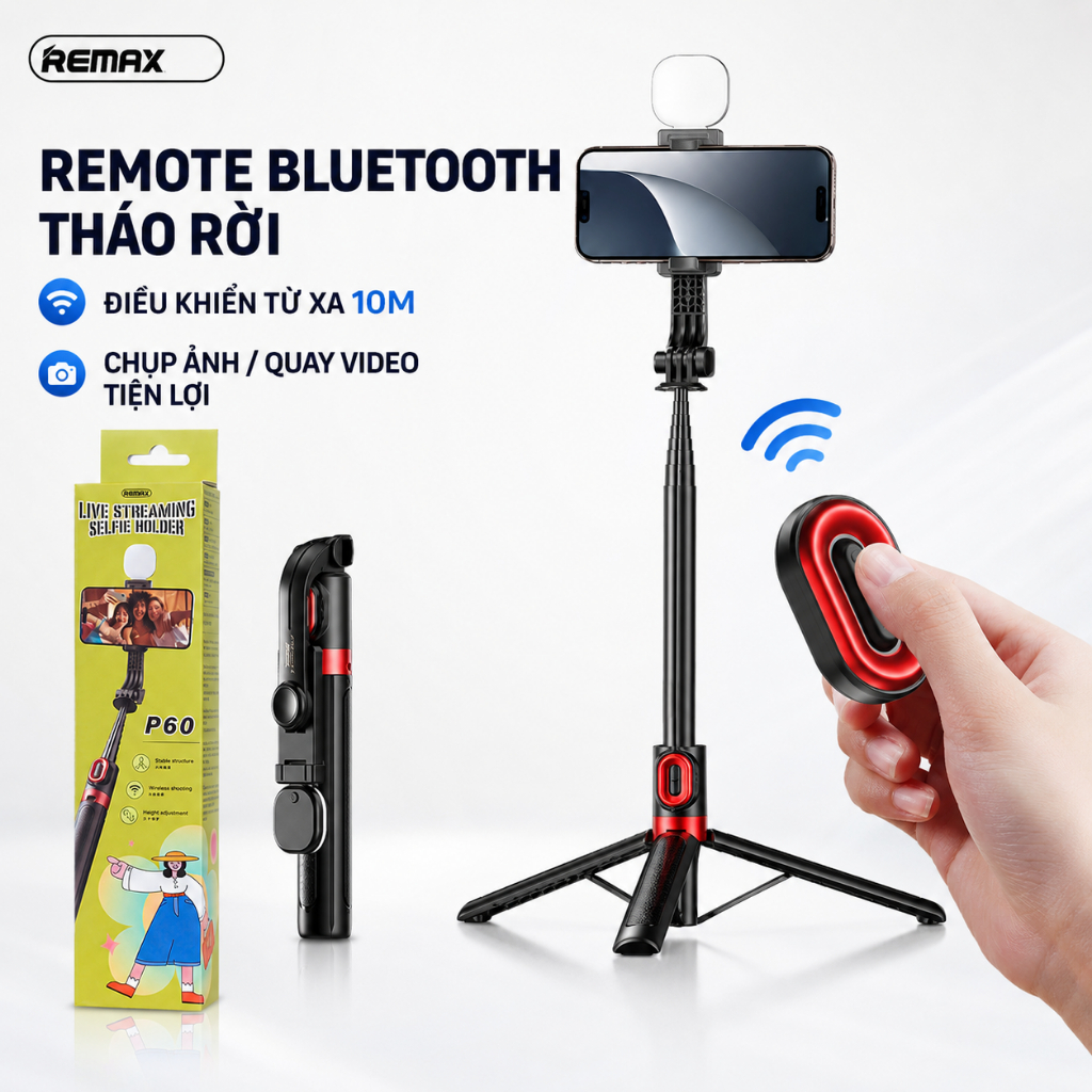 Gậy chụp hình Remax P60 Có Đèn. Dài 130cm